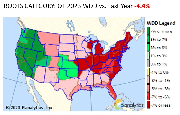 Map of U.S. showing Weather-Driven Demand percentages of Q1 2023 vs. 2022